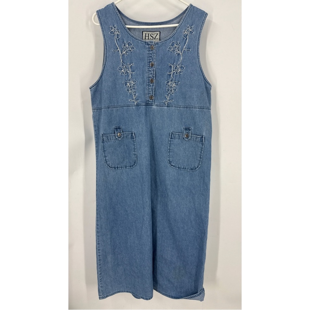 HSZ studio vintage 100% cotton floral embroidered denim midi dress w/pockets XL